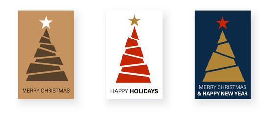 Vector illustration of three elegant holiday cards featuring abstract Christmas trees with Merry Christmas and Happy Holidays text.