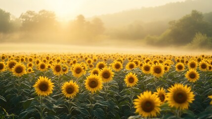Fototapeta premium A field of sunflowers bathed in the golden light of sunrise with fog in the distance.