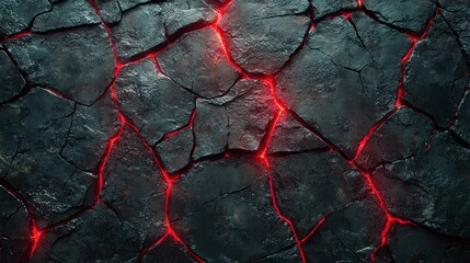 A close-up view of cracked, scorched ground illuminated by fiery red light, depicting an abstract, dynamic terrain of destruction.