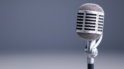 Fototapeta premium Classic vintage silver microphone stands against a clean, soft-focused grey background.