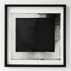 Black square, textured frame, grayscale artwork.