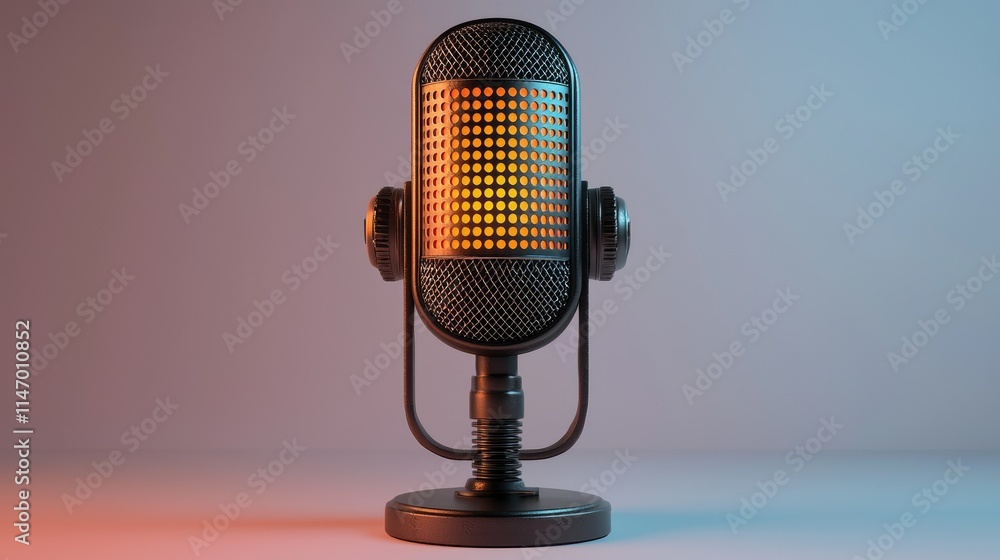 Poster a stylized microphone with a glowing mesh design, used for audio recording and broadcasting.