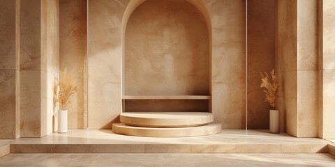 Obraz premium A serene minimalist interior featuring an arched alcove, soft lighting, and warm earth tones, creating a tranquil atmosphere.