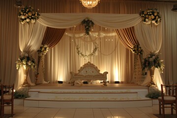 Luxurious wedding stage with elegant drapes, floral arrangements, and a beautiful sofa, perfect for celebrations and ceremonies.