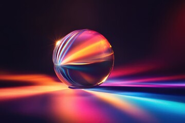 A crystal sphere refracts vibrant light, casting colorful streaks across a dark surface.