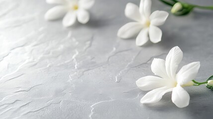 Fototapeta premium White jasmine flowers on a minimalist silver-gray surface, close-up shot, Minimalist style