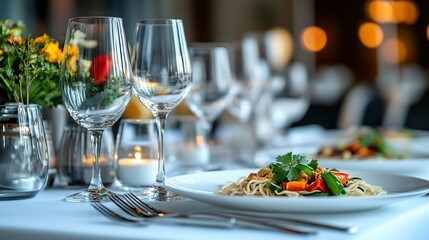Fototapeta premium Elegant restaurant table setting with pasta dish.