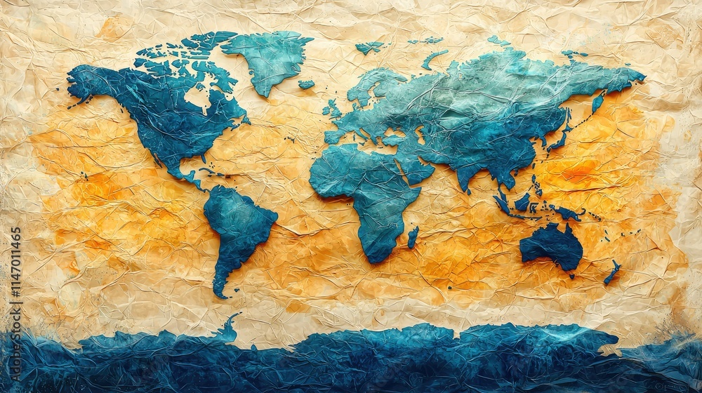 Poster a stylized world map with textured colors representing land and ocean.