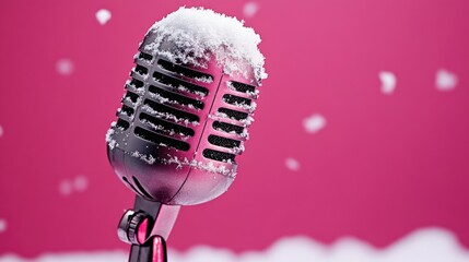 Vintage Microphone with Snow on Pink Background