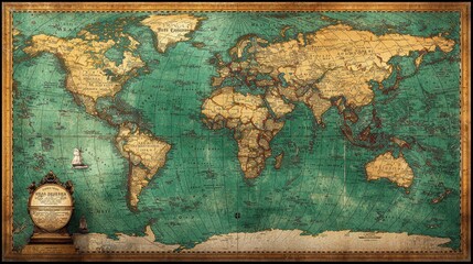 Antique-style world map with compass.