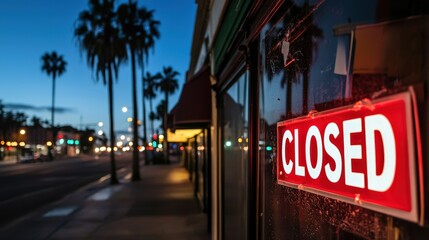 A failed business storefront with a "CLOSED" sign, empty streets, and a sense of despair in the atmosphere