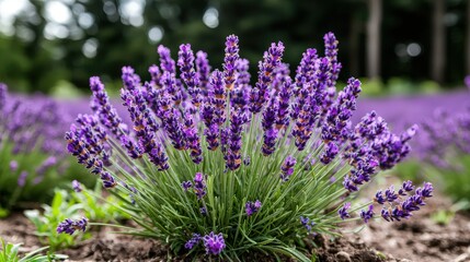 Obraz premium Vibrant purple lavender bush blooms in a field under soft natural daylight.