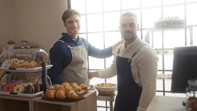 Two smiling male bakers wearing aprons embrace joyfully in a cozy bakery surrounded by fresh pastries and natural light from large windows.