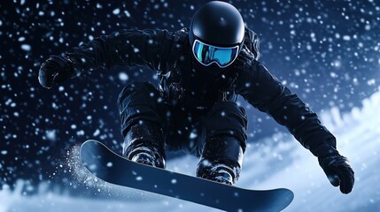 Snowboarder performing a jump during snowfall at night