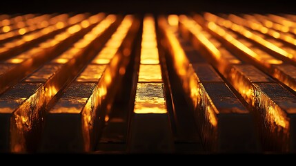 Rows of shiny gold bars stacked in perfect alignment glowing under warm light