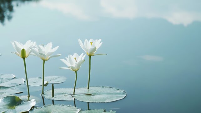 White lilies against a calm pond reflection, close-up shot, Minimalist style