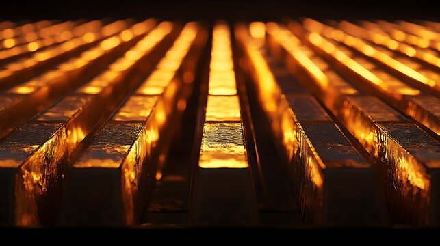 Rows of shiny gold bars stacked in perfect alignment glowing under warm light