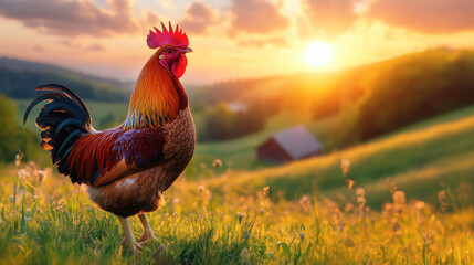 Proud rooster enjoying sunrise in green meadow