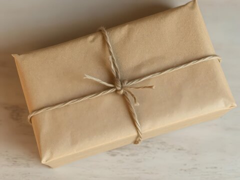 Rustic brown paper parcel secured with twine, simple knot, craft, vintage