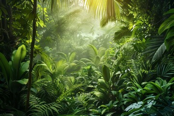 Obraz premium Green rainforest with thick vegetation.