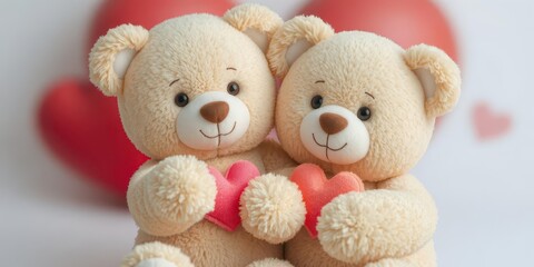 Two plush teddy bears embracing, hearts visible, warmth, object, Valentine