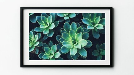Framed print: succulent plants, dark background.
