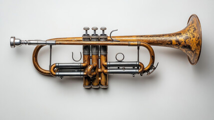 Obraz premium Vintage trumpet with aged gold finish, valves, and mouthpiece, isolated on white background.