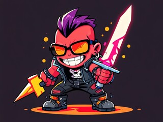 Rebellious Red Rocker:  A Bold Digital Illustration of a Punk-Inspired Character Wielding a Glowing Sword and Lightning Bolt