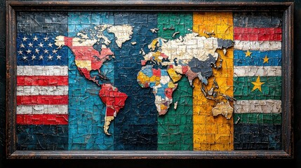 A textured world map artwork featuring flags of various countries.