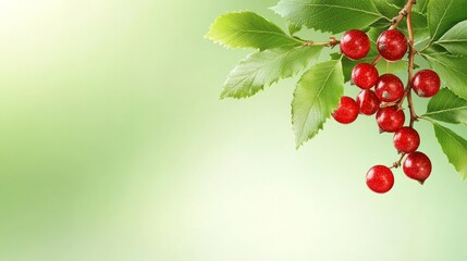 Obraz premium A bunch of red berries on a branch with green leaves
