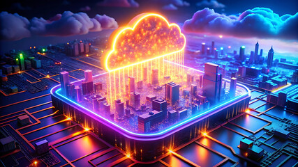 Futuristic cloud hovering over a glowing microchip cityscape symbolizing cloud computing and advanced technology