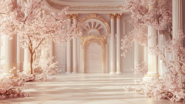 Elegant Ballroom with Blooming Cherry Blossom Trees - Made with Generative AI