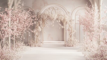 Luxurious White and Gold Hall with Springtime Blossoms - Made with Generative AI
