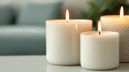 A serene setting featuring three lit white candles, adding a warm glow to a modern, minimalist space.