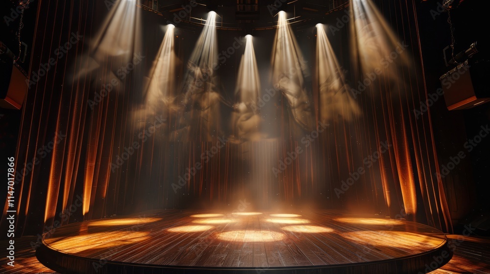 Poster empty theater stage illuminated by multiple spotlights, creating a dramatic atmosphere with warm lig