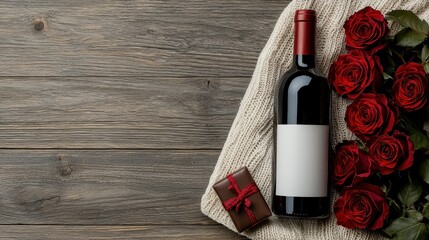 A red wine bottle, a gift box, and vibrant roses are artfully arranged on a textured surface, perfect for romantic occasions.