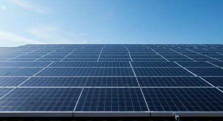 Rooftop solar panels under a bright blue sky, harnessing renewable energy and promoting sustainable living