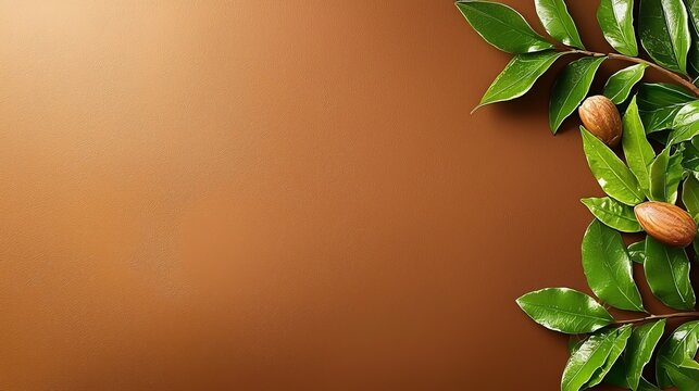 A branch with leaves and nuts on a brown background