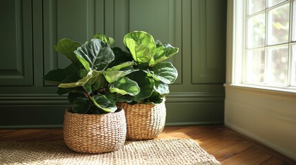 Two fiddle leaf fig plants in woven baskets near a sunlit window create a cozy and vibrant atmosphere in this green-themed interior space.
