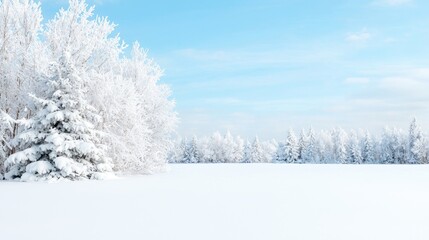 Naklejka premium Snow-covered trees in a winter landscape under a bright blue sky.