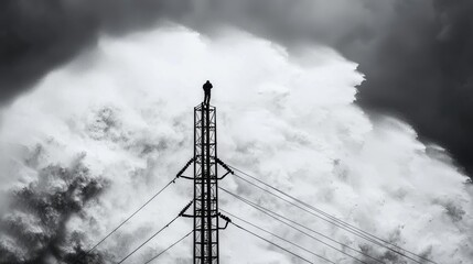 A silhouette of a person atop a tall power tower, surrounded by dramatic clouds, creating a striking contrast in black and white.