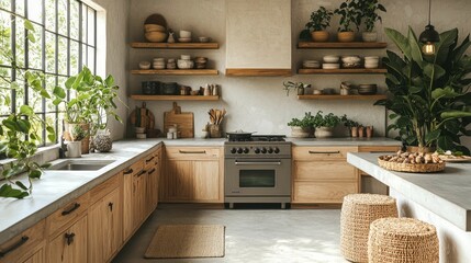 This inviting kitchen features natural wood cabinetry, indoor plants, and a sunlit atmosphere, promoting wellness and a connection to nature.