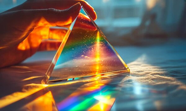A Hand Gently Holding a Crystal Pyramid, Capturing Light's Rainbow Spectrum