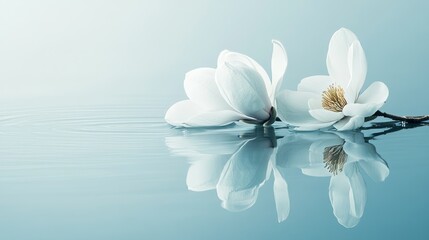 Naklejka premium White magnolia blossoms on a serene lake surface, close-up shot, Minimalist style