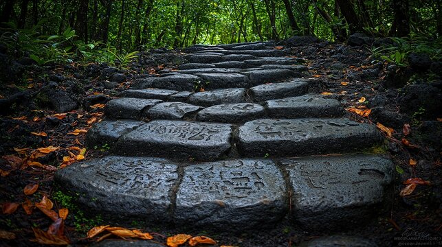 Fototapeta Ancient hawaiian stone pathway in lush forest setting