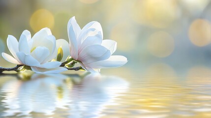 White magnolia blossoms on a serene lake surface, close-up shot, Minimalist style