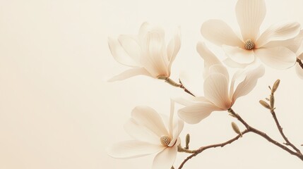 Obraz premium White magnolia blossoms on a subtle cream background, close-up shot, Minimalist style