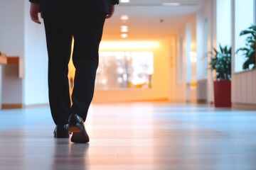 A professional, dressed in a formal suit, strides confidently down a sunlit corridor, illuminated by soft, natural lighting from large windows flanking the passageway.
