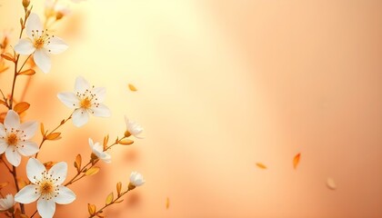 Fondo de primavera con tono naranja pastel, flores blancas y hojas delicadas en el borde