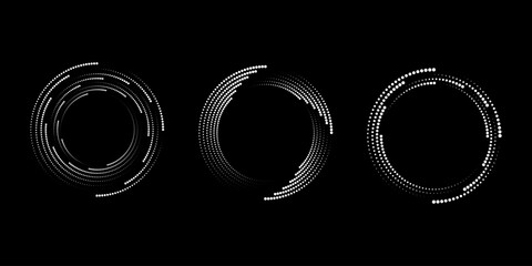 Set of white dotted vortex shapes. Geometric art. Circle form. Trendy design element for logo, tattoo, sign, symbol, web, prints, posters, social media, template, pattern, abstract backdrop